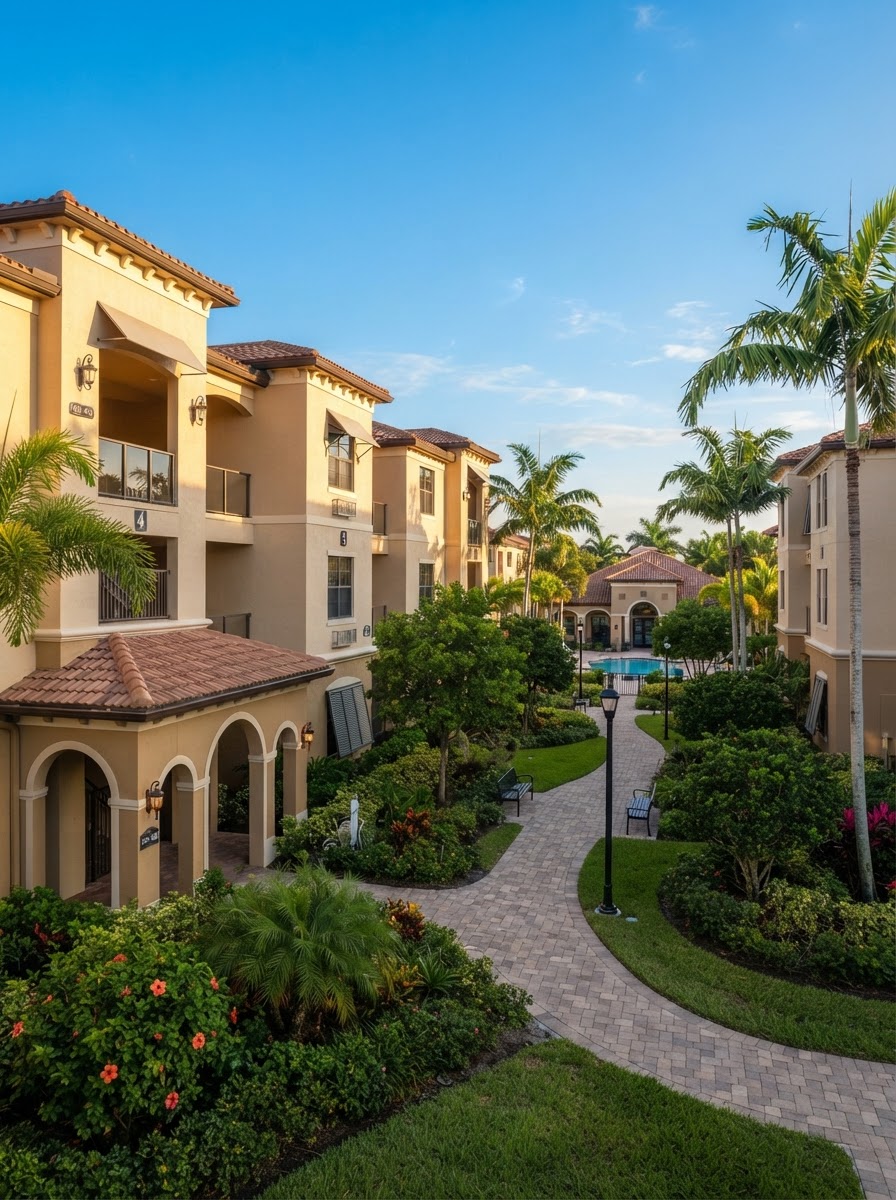 Multifamily apartment community with landscaped surroundings and natural daylight