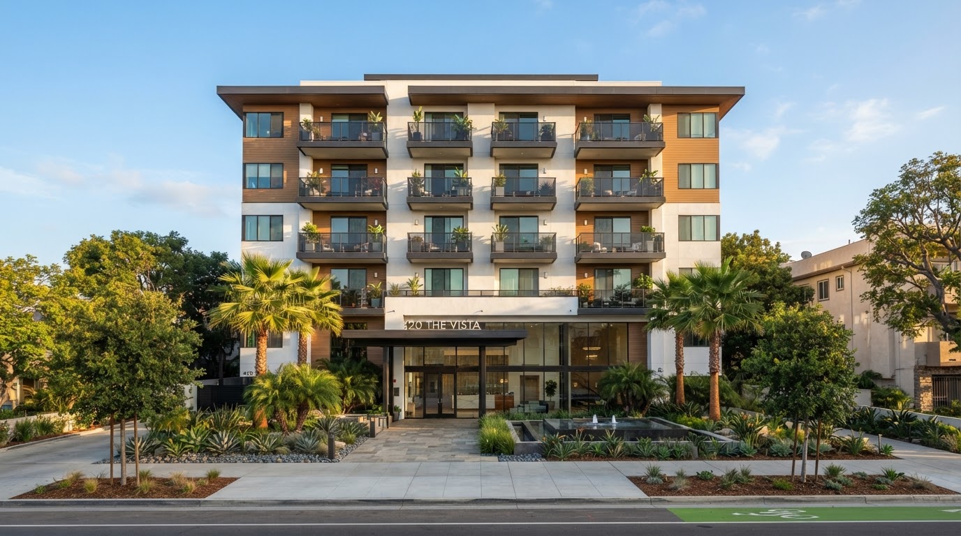 Modern mid-rise multifamily apartment building exterior