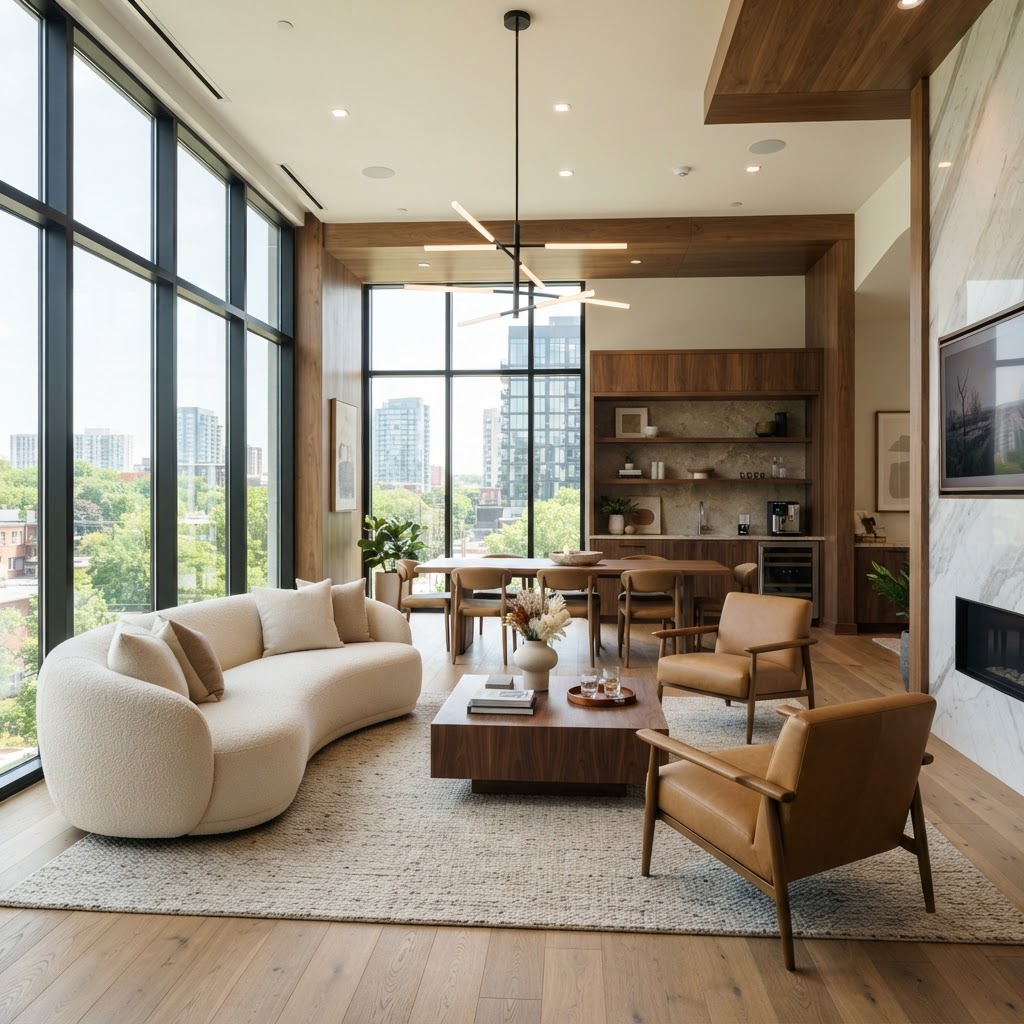 Bright furnished apartment amenity lounge interior