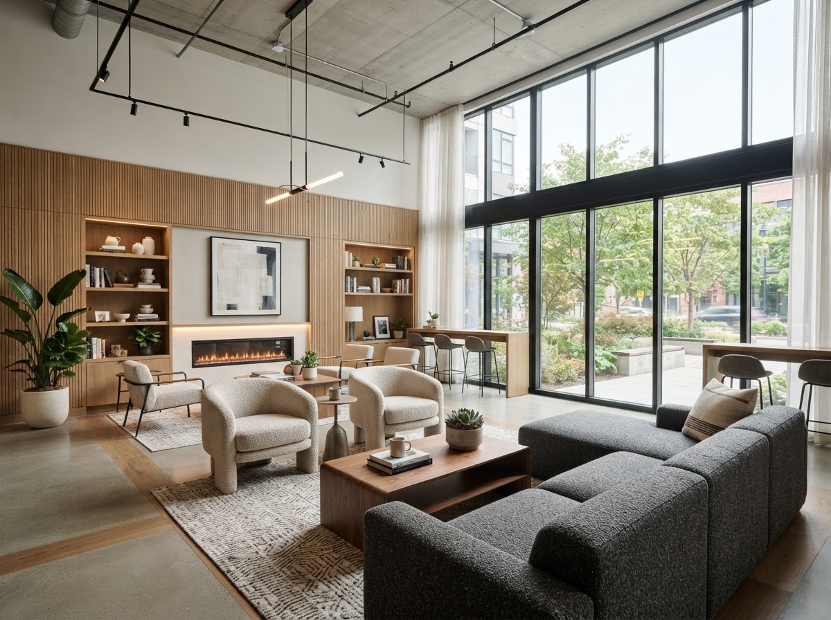 Illustrative example of a bright multifamily apartment amenity lounge interior