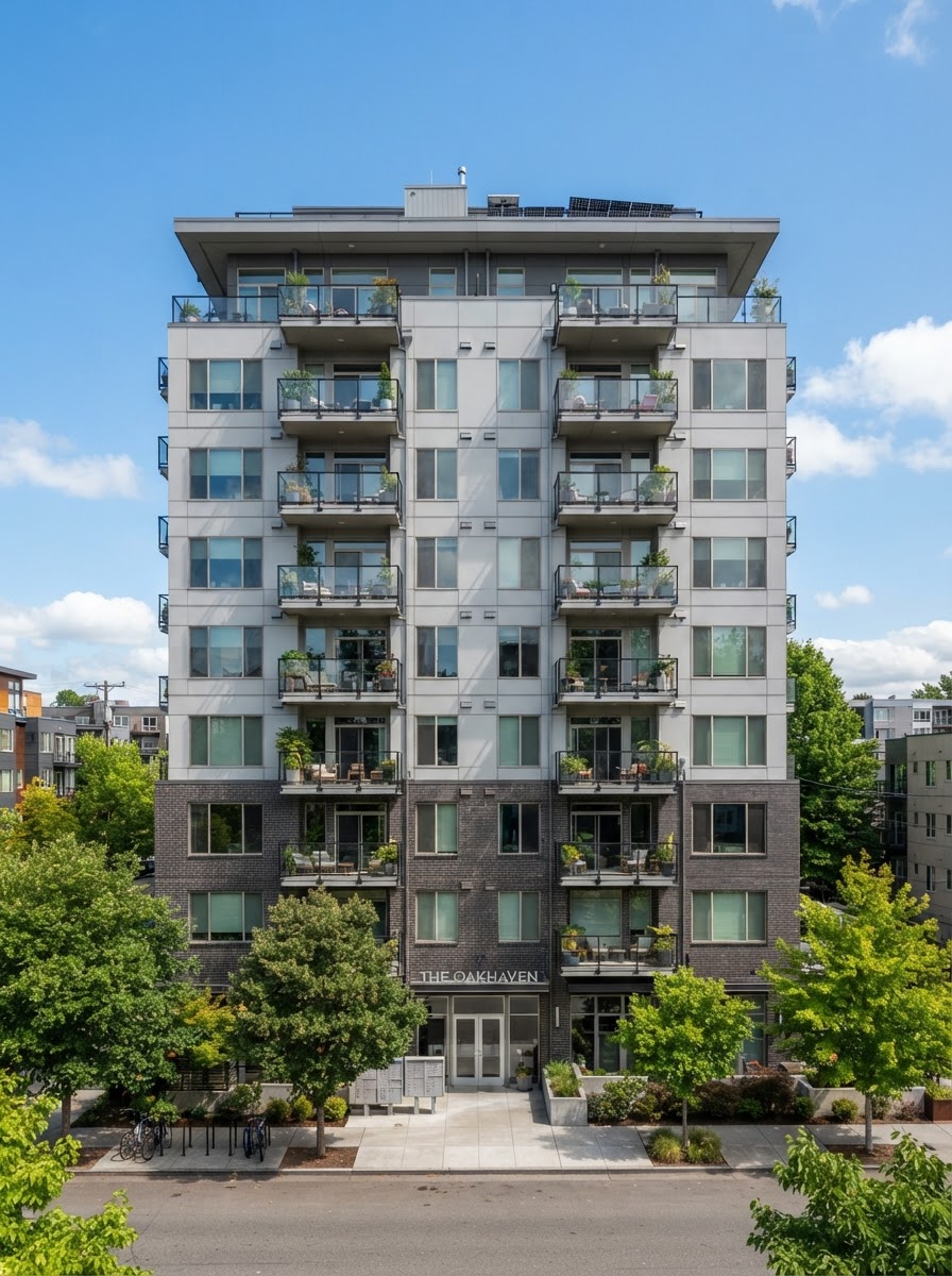 Multifamily community architecture and landscaped grounds