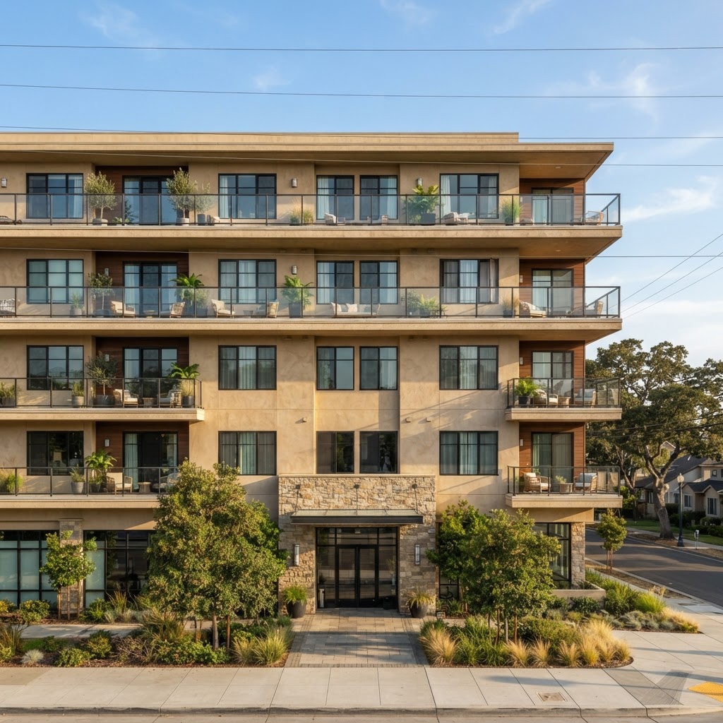 Multifamily apartment building facade with rows of balconies