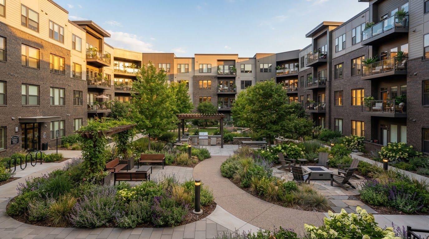 Landscaped multifamily community courtyard in warm afternoon light