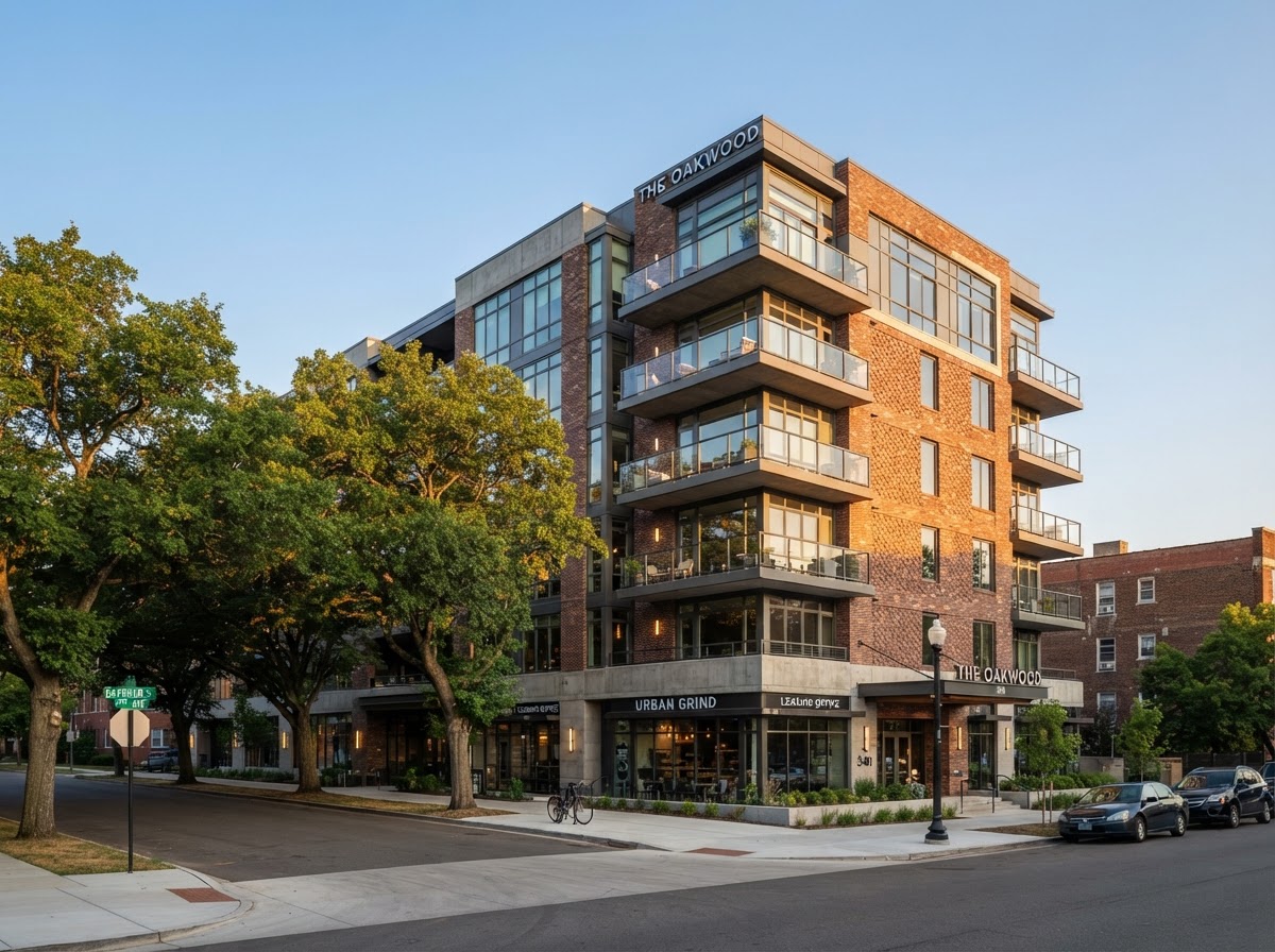 Illustrative example of a modern mid-rise multifamily apartment building