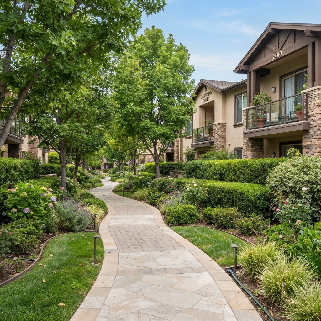 Tree-lined landscaped walkway in a residential apartment community