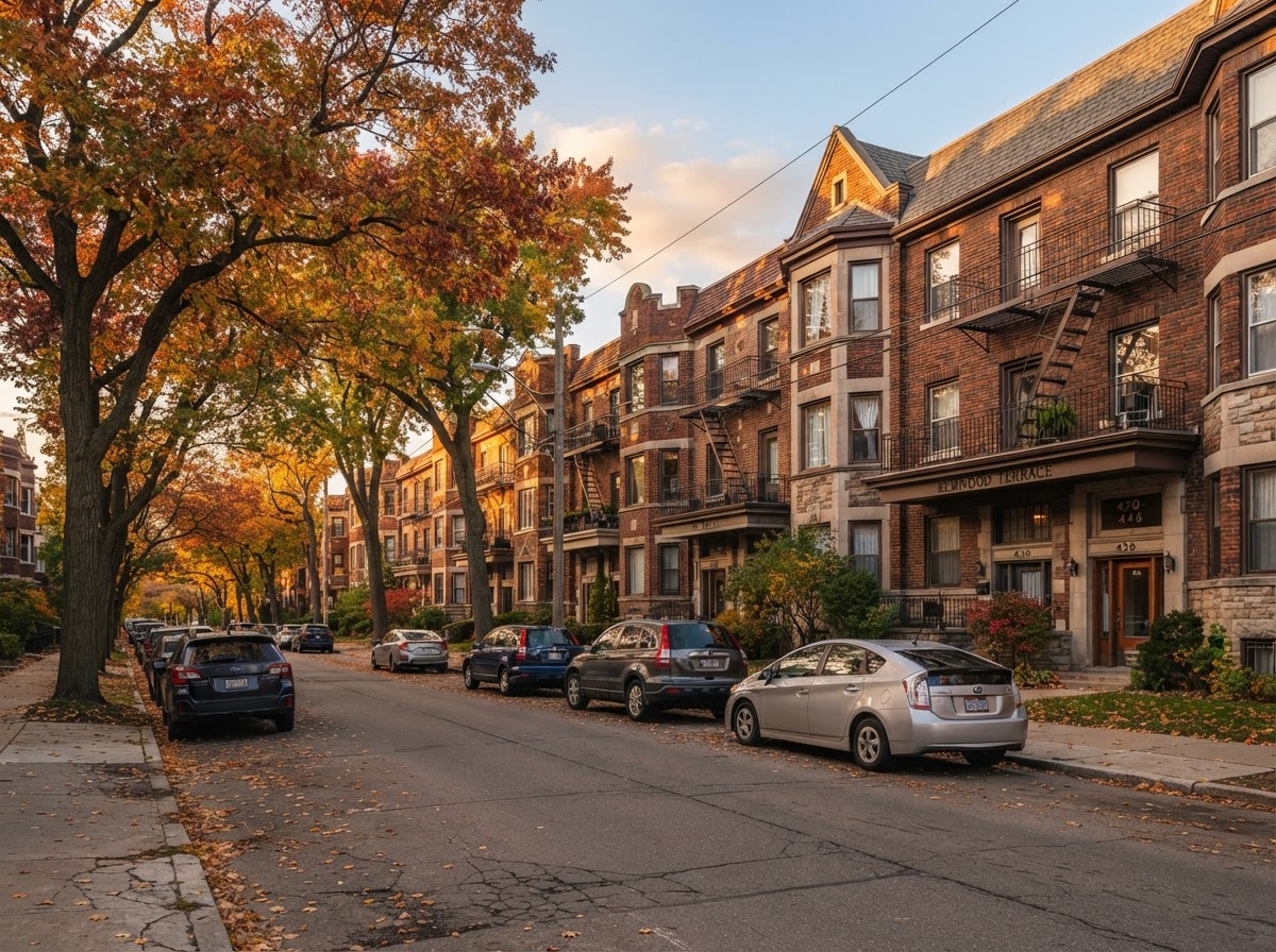 Illustrative example of a tree-lined residential street with multifamily apartment buildings