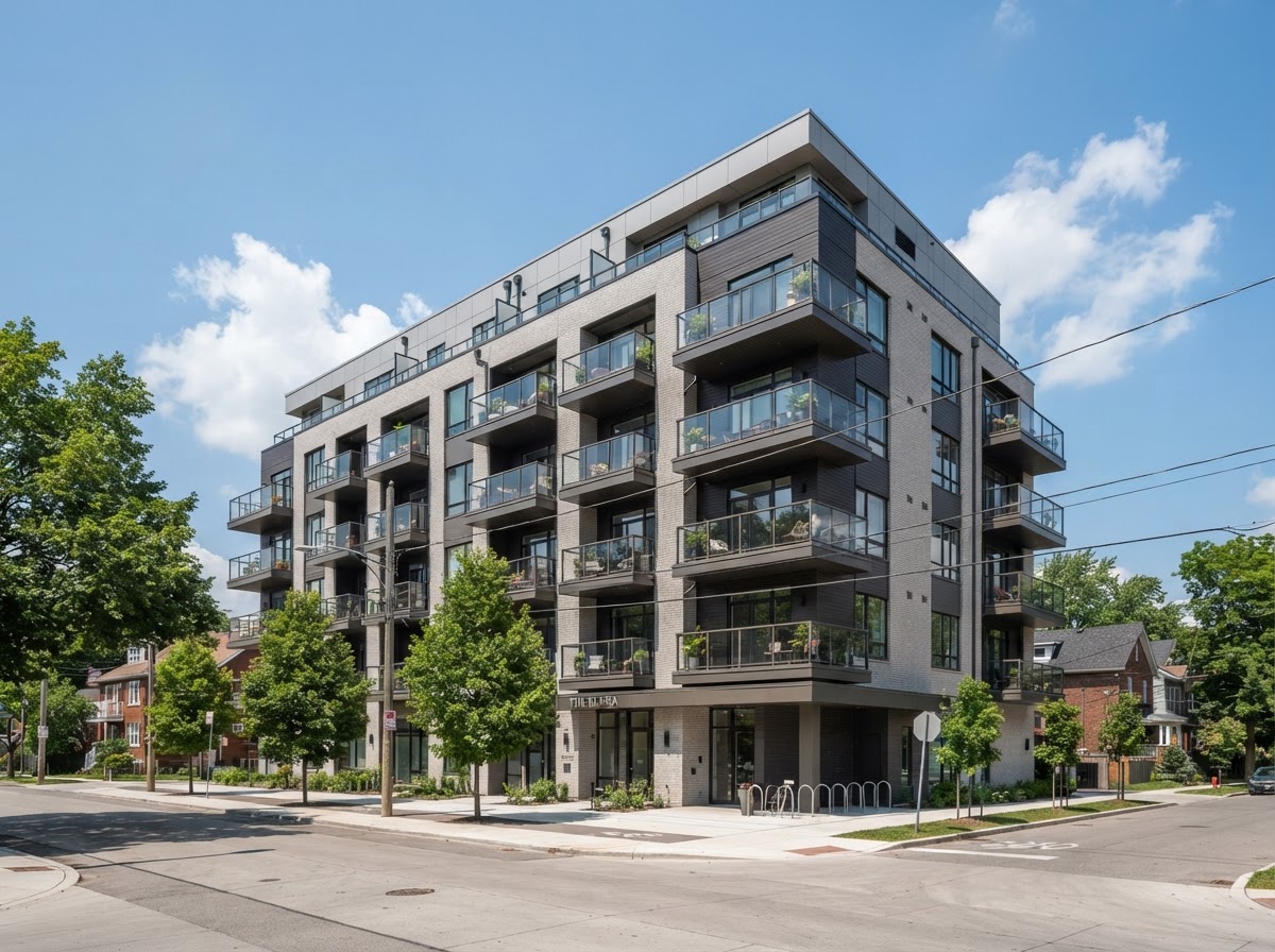 Illustrative example of a contemporary apartment building with rows of balconies