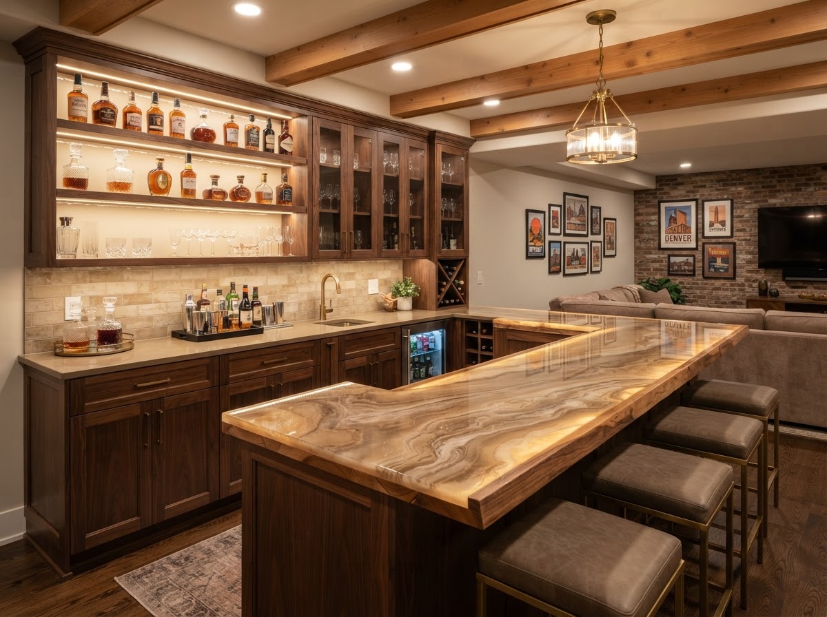 Custom-poured resin bar top in warm sand and taupe with cream veining in a Denver basement entertaining space