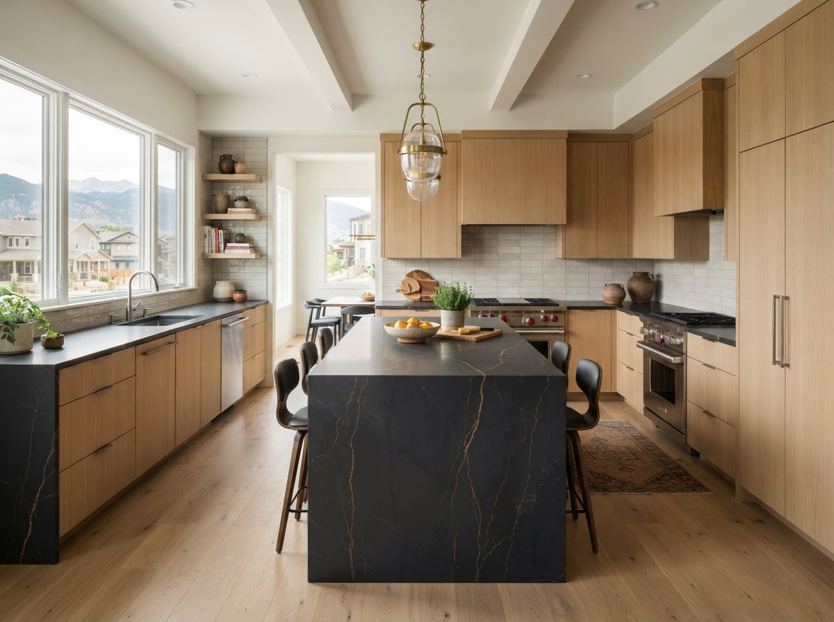 Custom-poured resin kitchen countertops across perimeter counters and island in a Denver kitchen