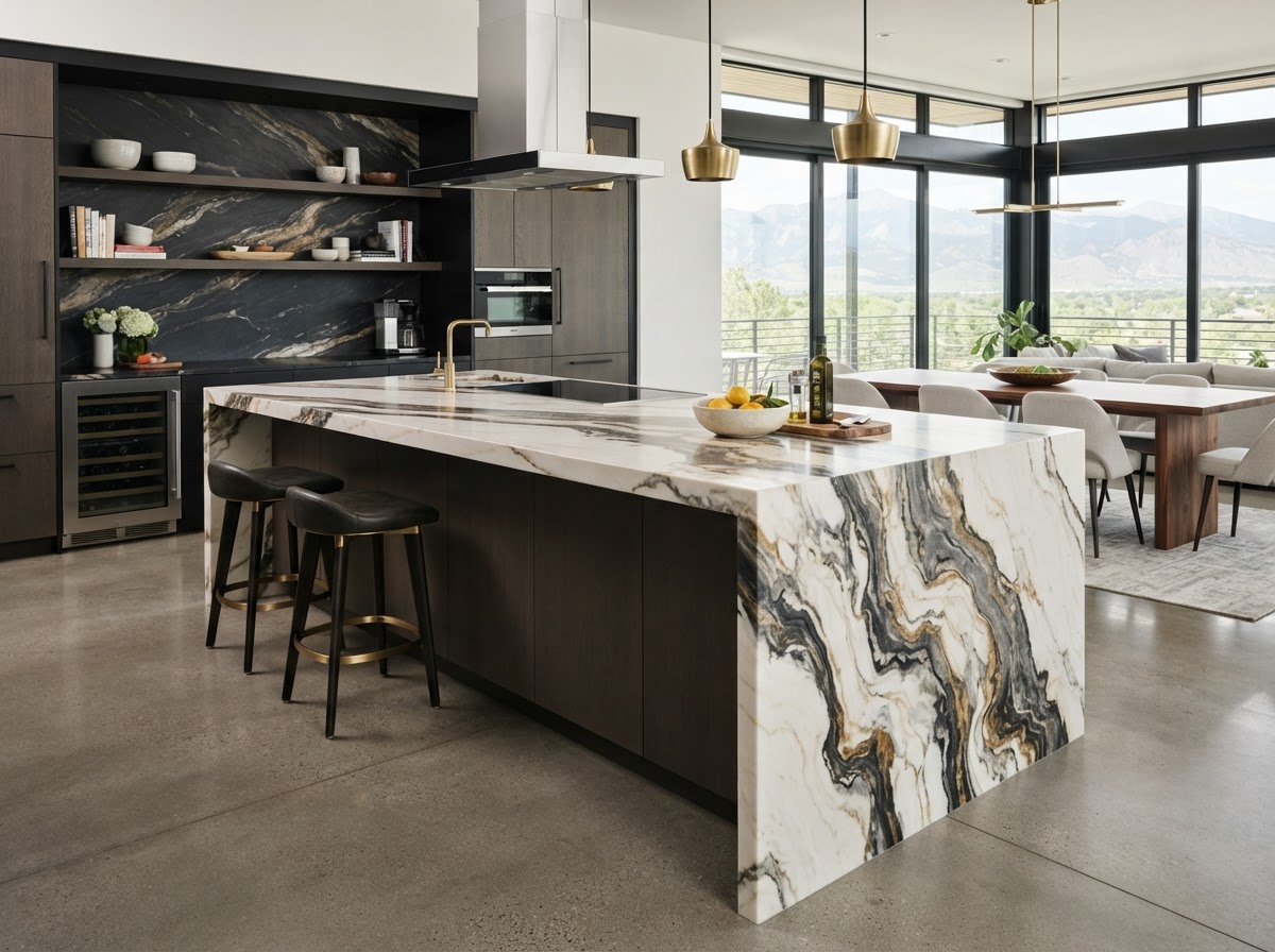 Custom-poured resin island countertop with dramatic veining in a Denver kitchen