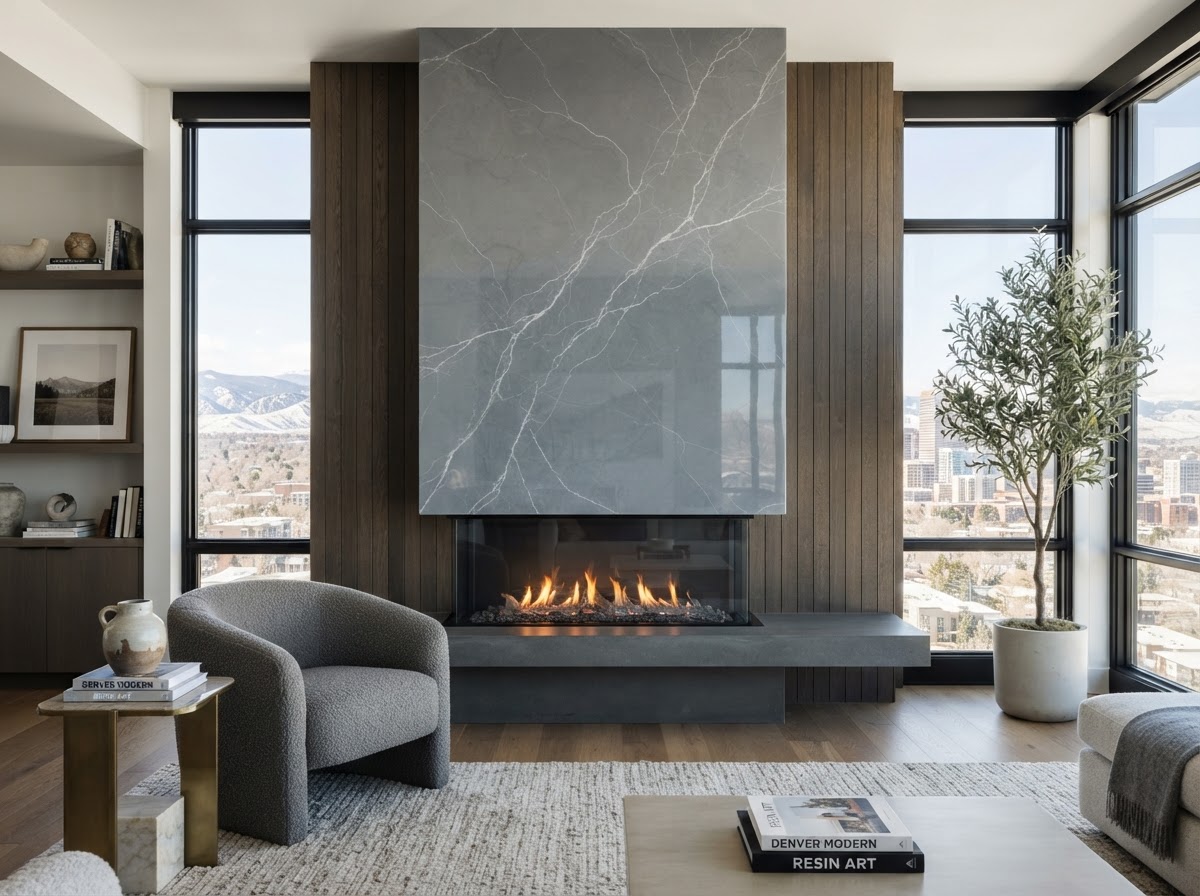 Custom-poured resin feature wall panel in slate mist grey with white veining in a Denver living room