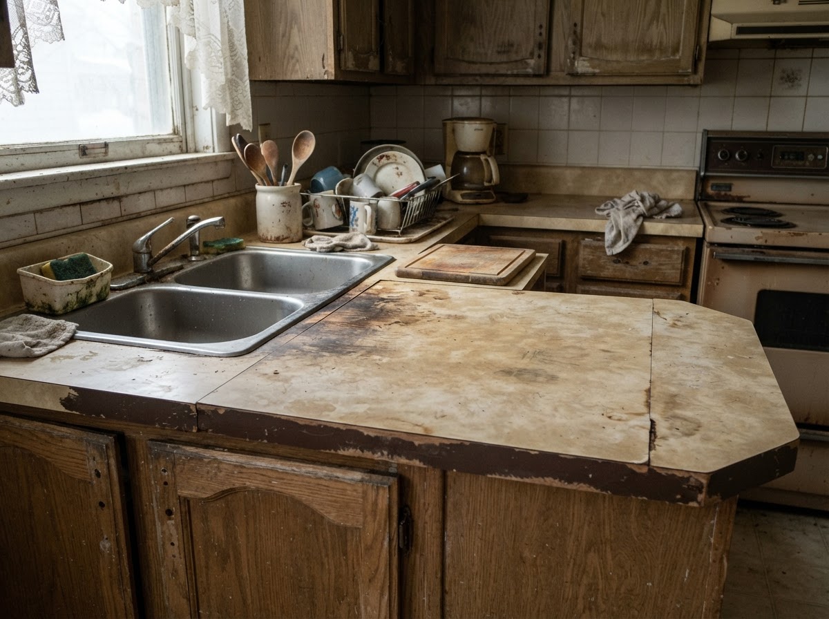 Concept before view of a worn cultured marble vanity