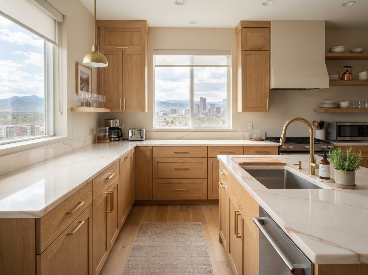 Custom-poured resin countertop resurfaced over an existing surface in a bright Denver kitchen with warm oak cabinetry and a standard flat edge