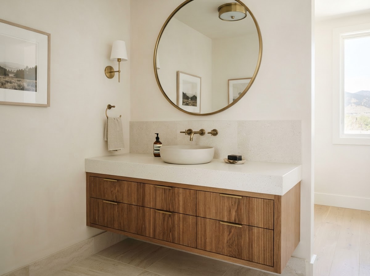 Custom-poured resin vanity top with soft veining in a Denver bathroom