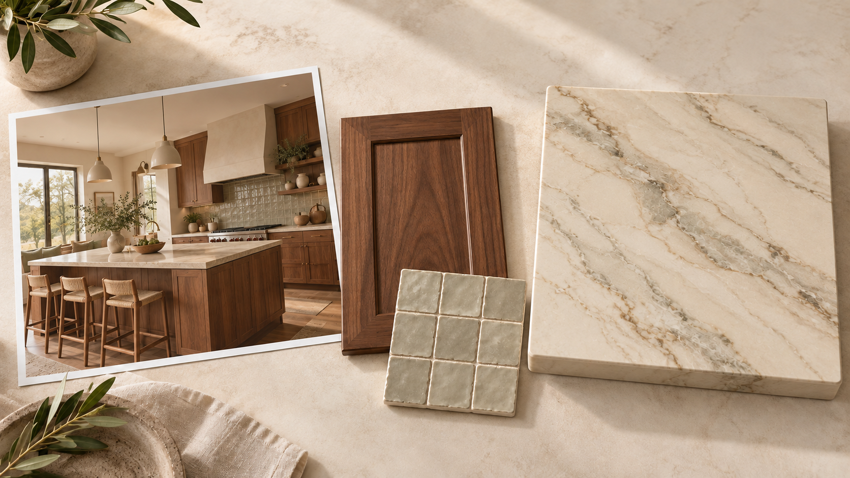 Natural wood cabinetry, sage-tinted tile, and custom veined stone-look surface sample