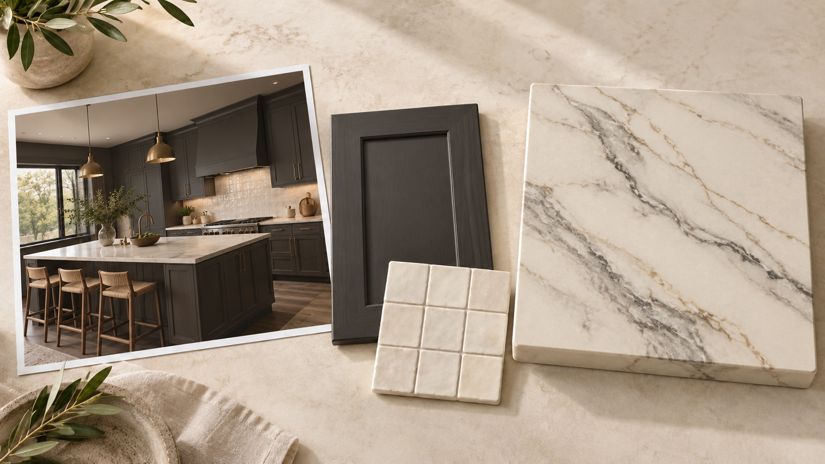 Deep charcoal cabinetry, warm metallic accents, and bold contrasting vein resin sample