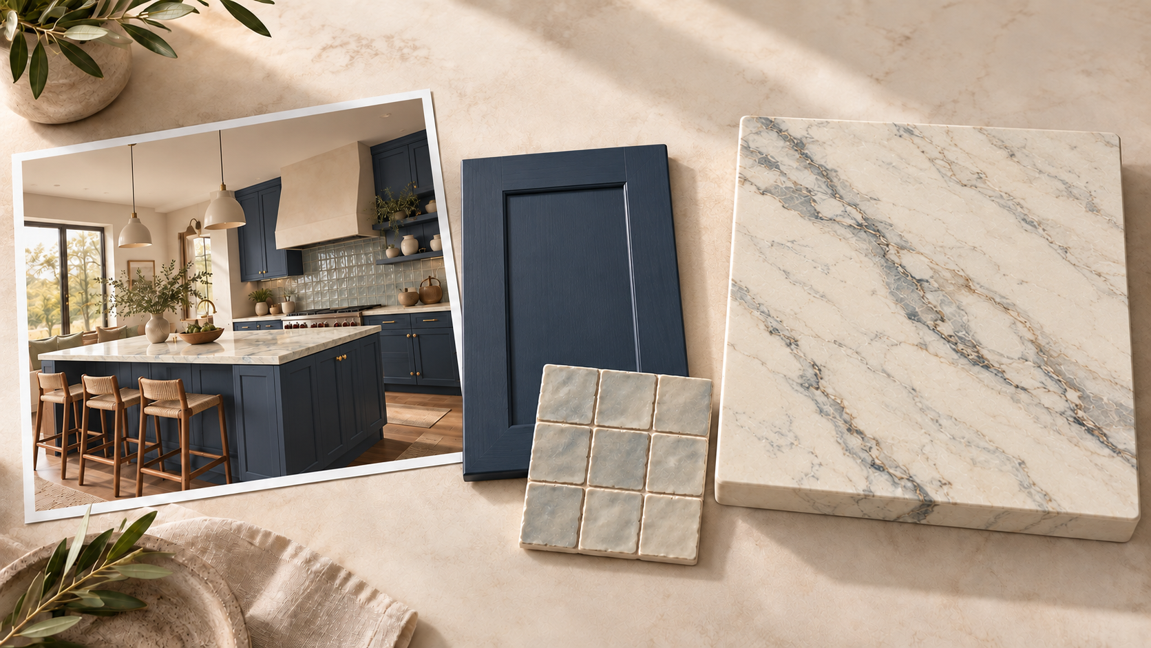 Deep navy shaker cabinetry, glazed zellige tile, and custom blue-grey veined Calacatta resin countertop sample with kitchen scene