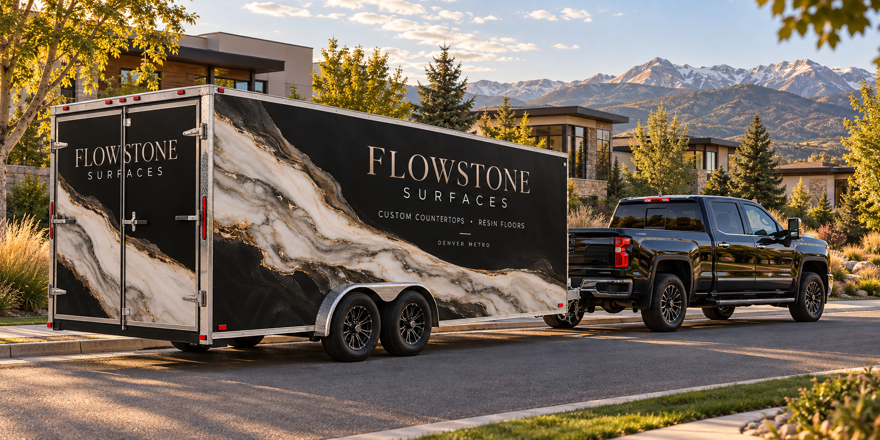 FlowStone Surfaces mobile workshop trailer and truck on a residential Denver street