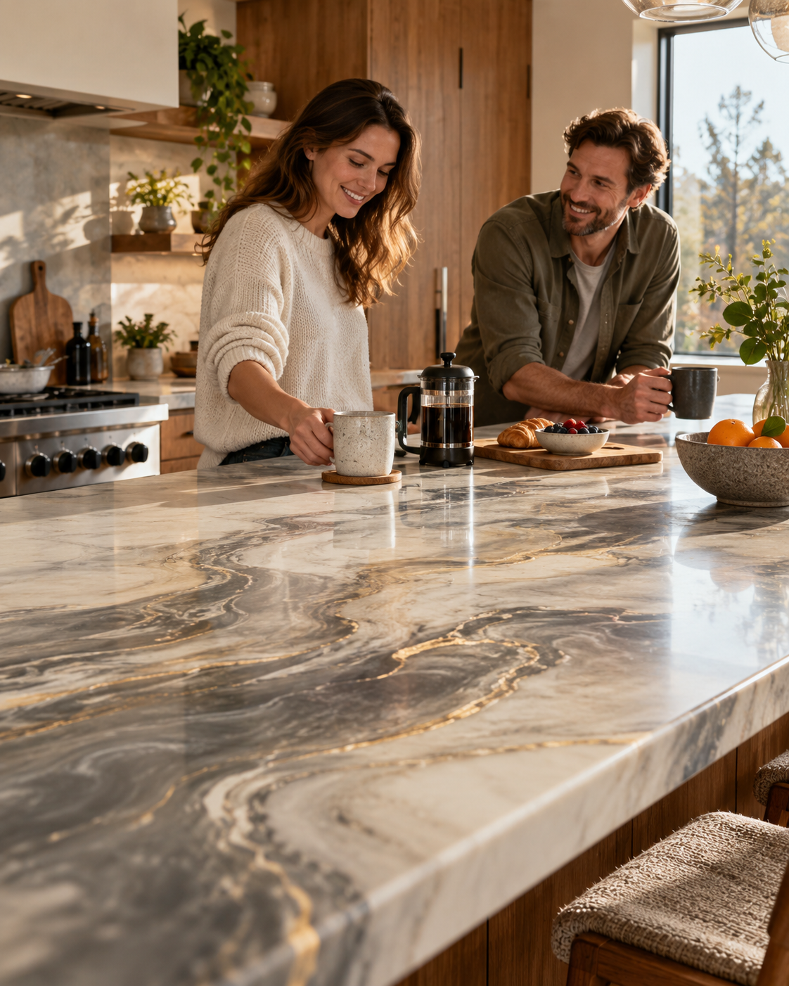 Couple enjoying coffee in a warm modern kitchen with custom-poured FlowStone countertops