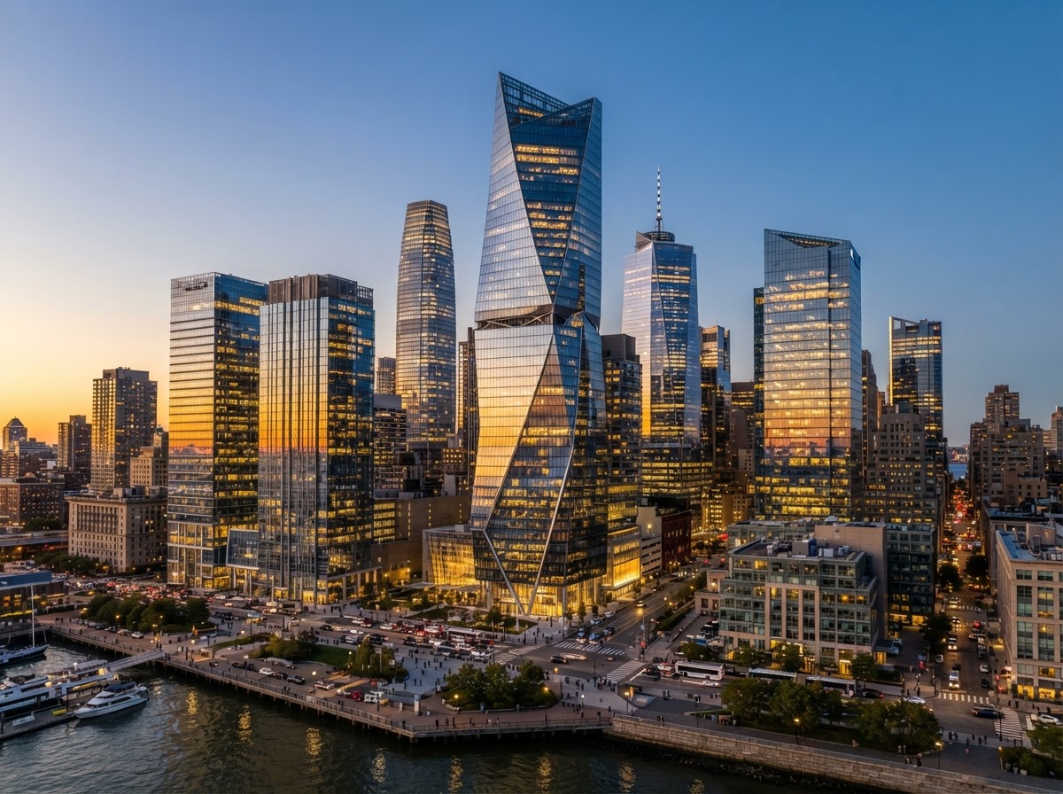 Modern commercial building skyline at dusk