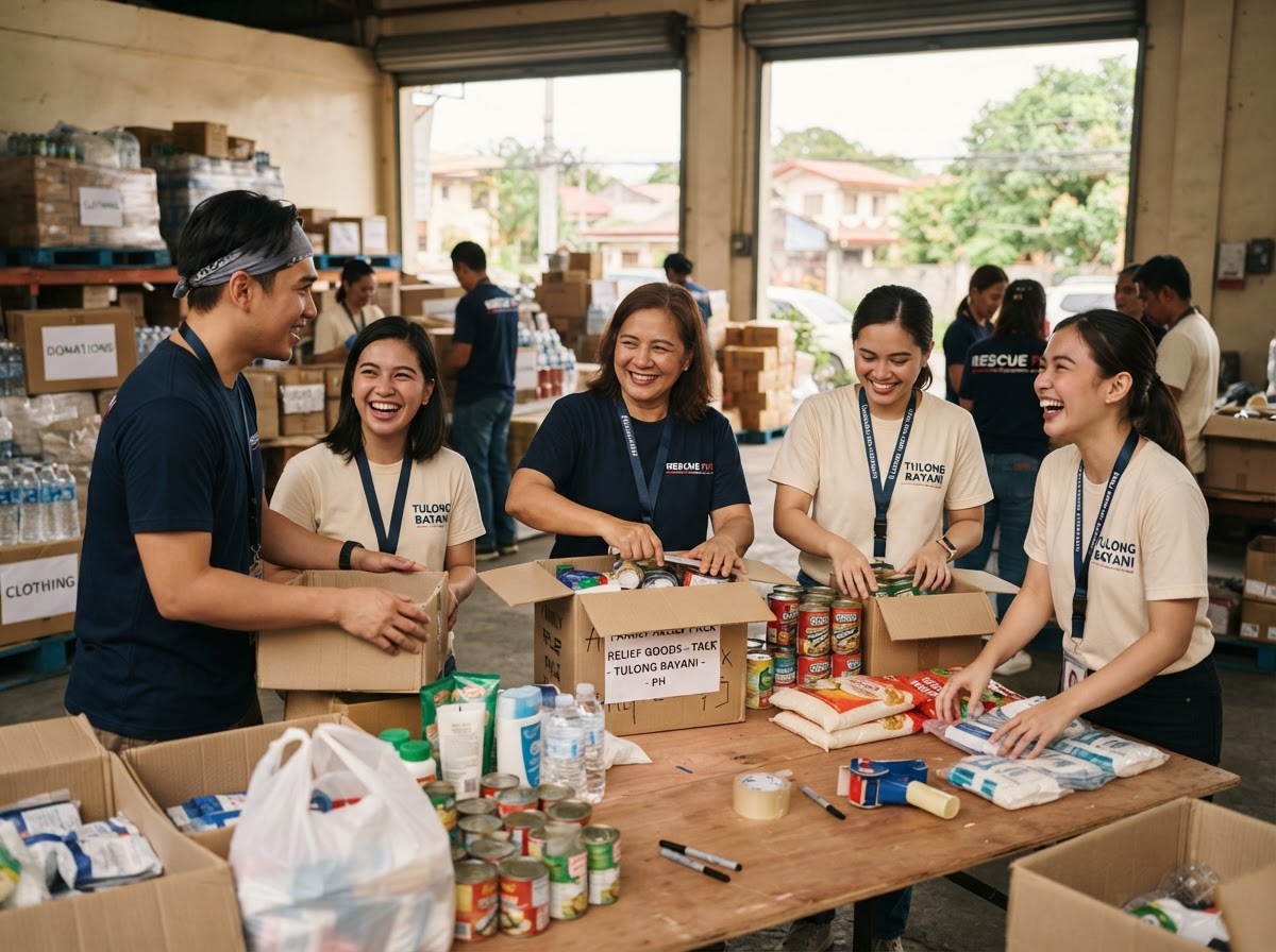 Community volunteers organizing relief supplies together with dignity