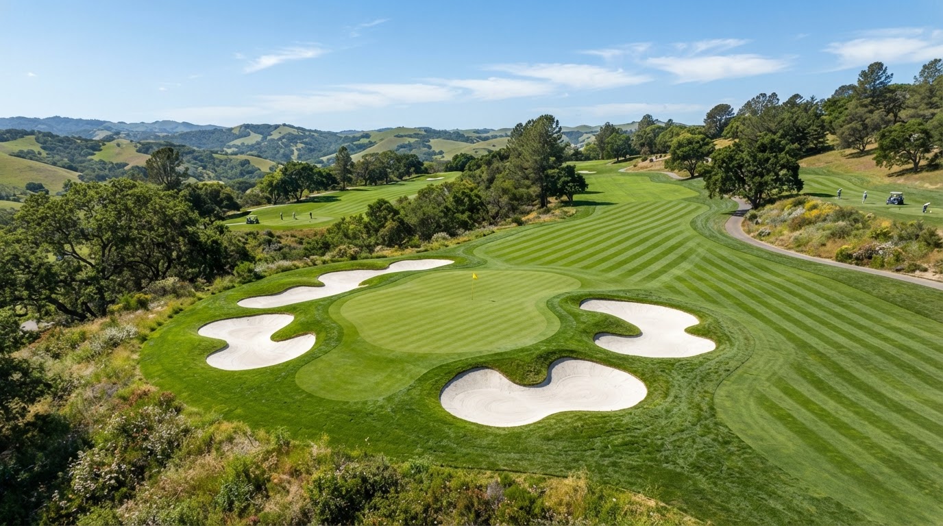 Aerial view of a golf course green with sand bunkers