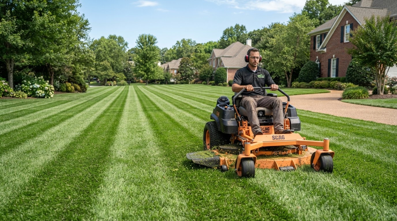 Professional zero-turn mower cutting a lush green lawn