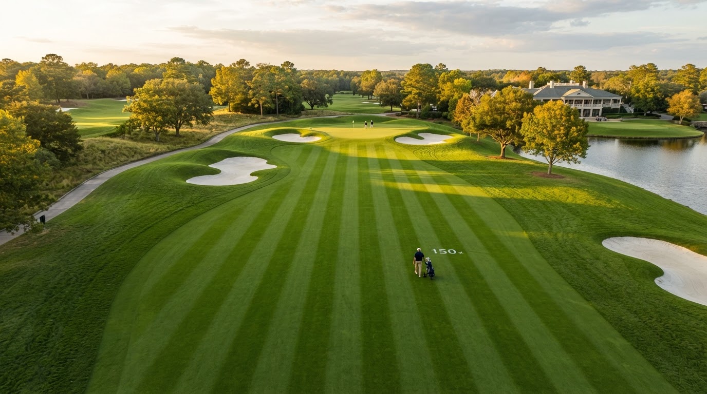 Aerial view of a manicured golf course fairway with mowing stripes