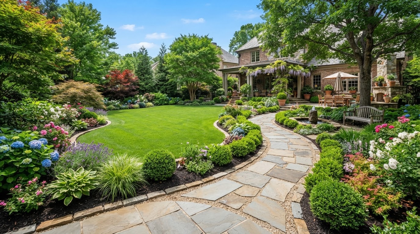 Beautifully landscaped yard with stone pathway and garden beds