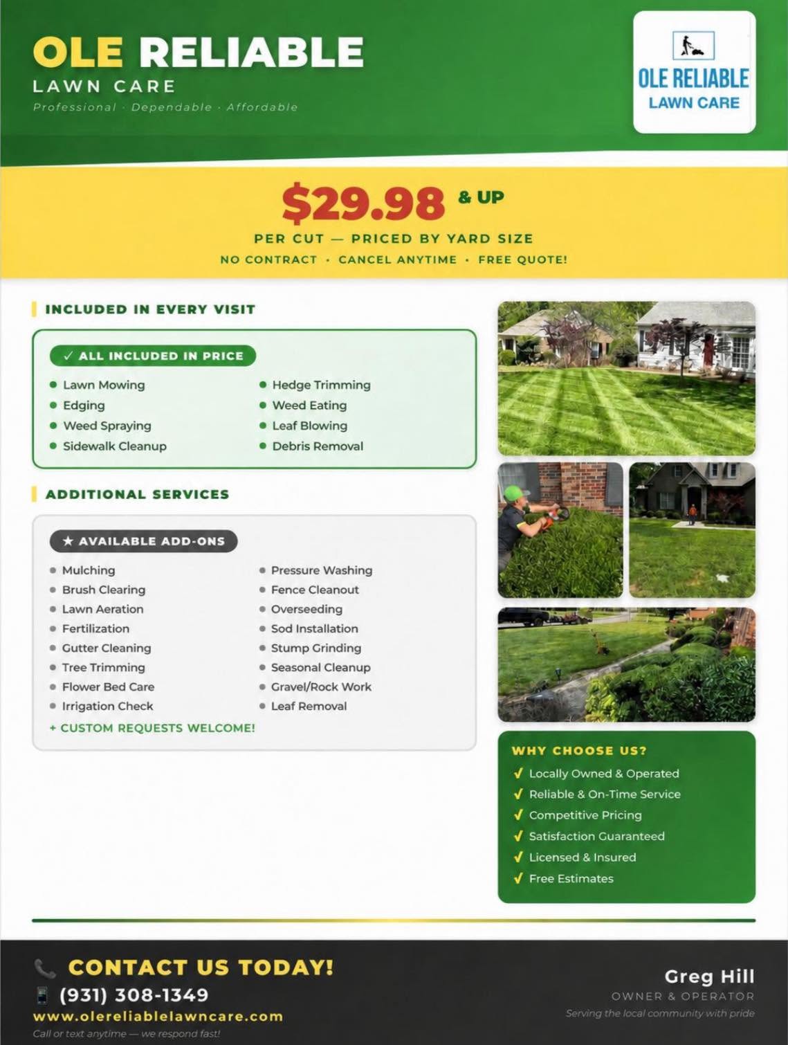 Ole Reliable Lawn Care Official Flyer - Pricing starting at $29.98