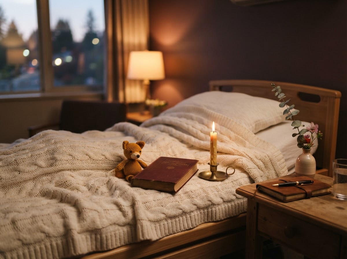 A handmade crochet Keeperling resting beside a closed storybook and a single lit candle