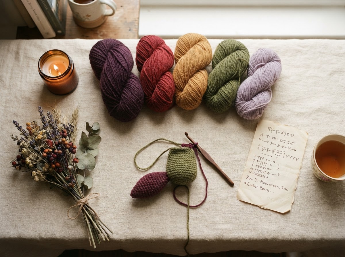 A handmade crochet workspace with soft skeins of yarn, a wooden hook, and a half-made Keeperling