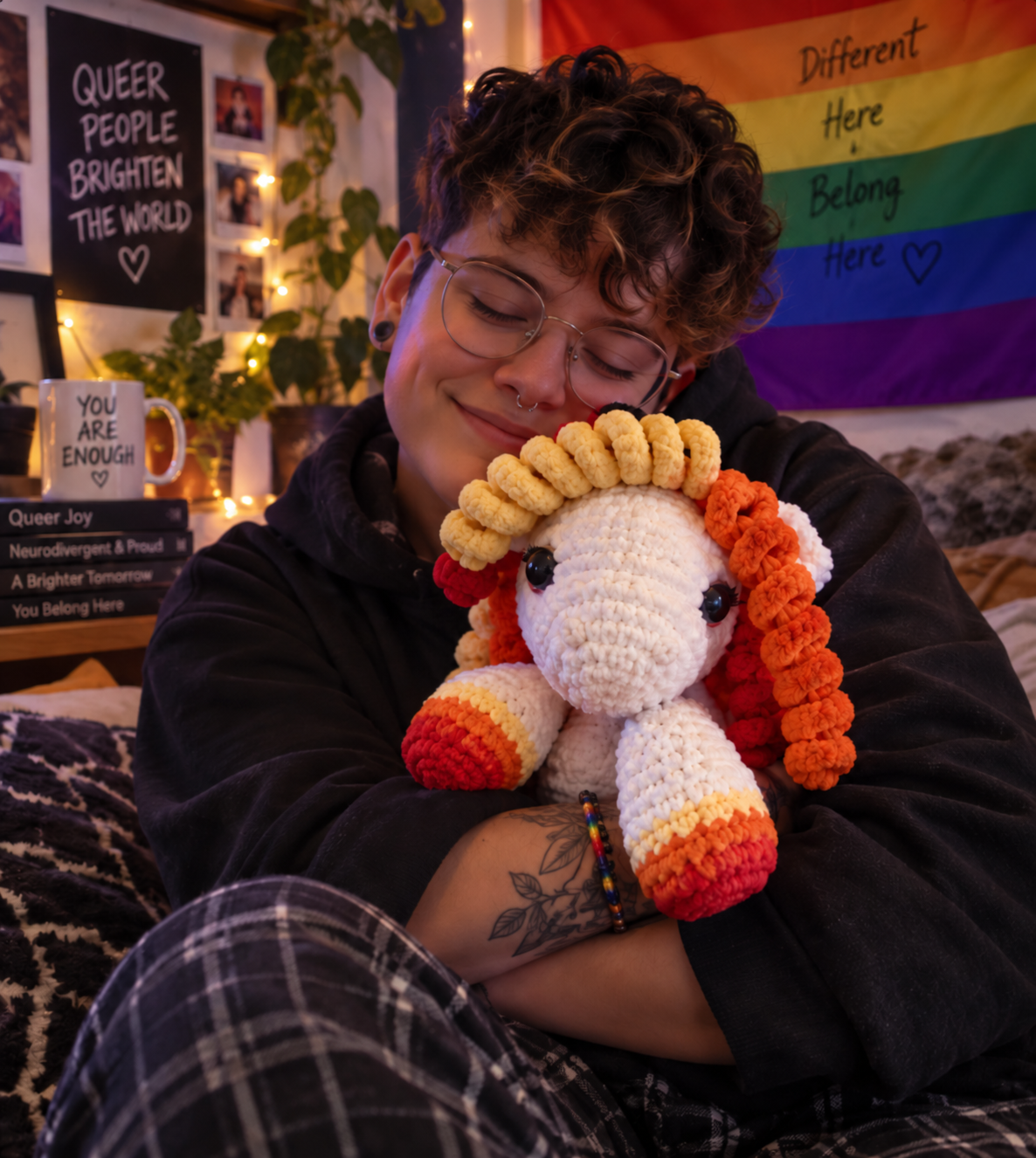 A person smiling peacefully while hugging a handmade curly-maned companion close in a cozy bedroom with pride and belonging banners