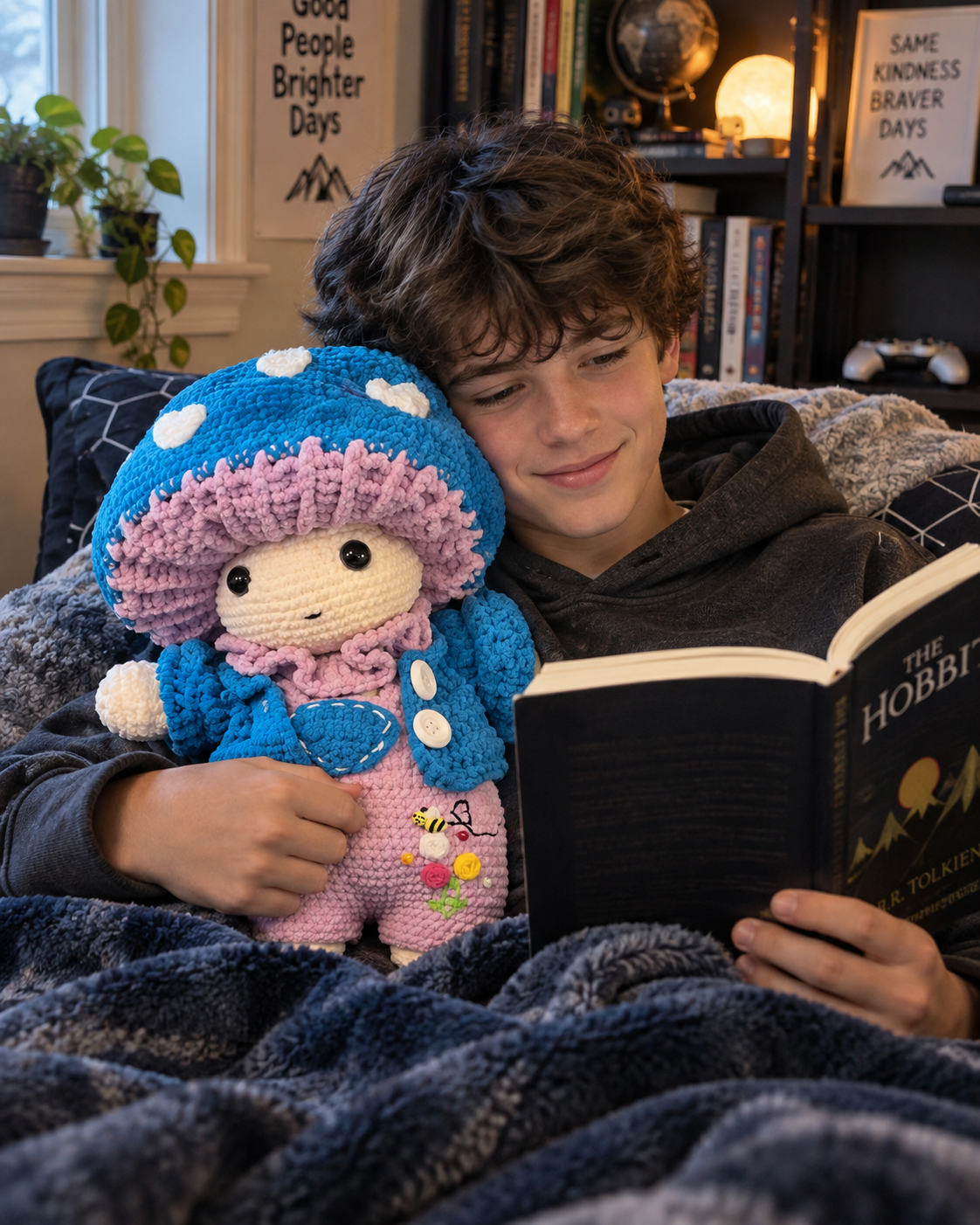 A young boy reading a book while snuggling Lily Mossway close under a cozy blanket for comfort through big feelings