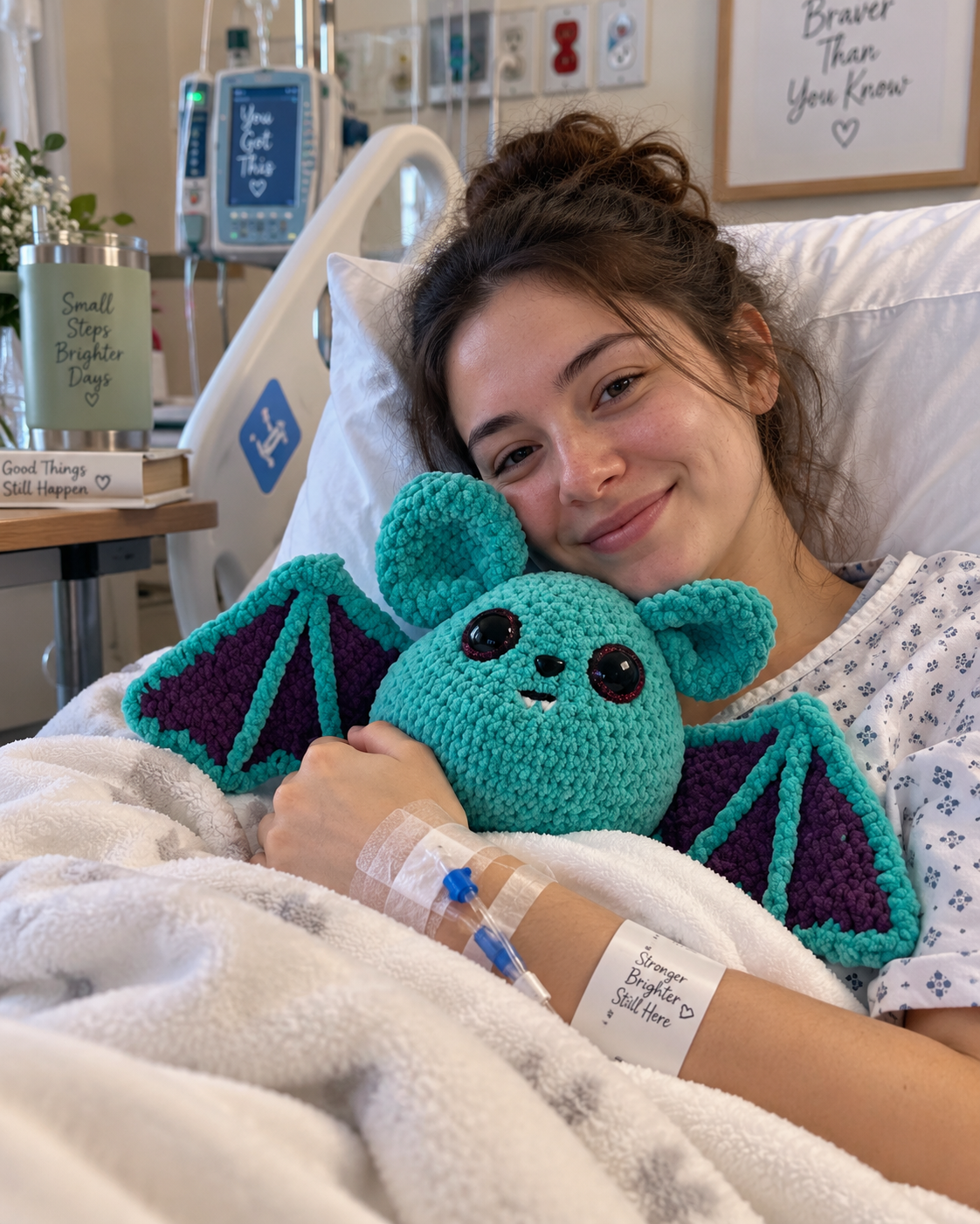 A smiling patient resting in a hospital bed tenderly holding a handmade teal and purple winged companion close against her chest