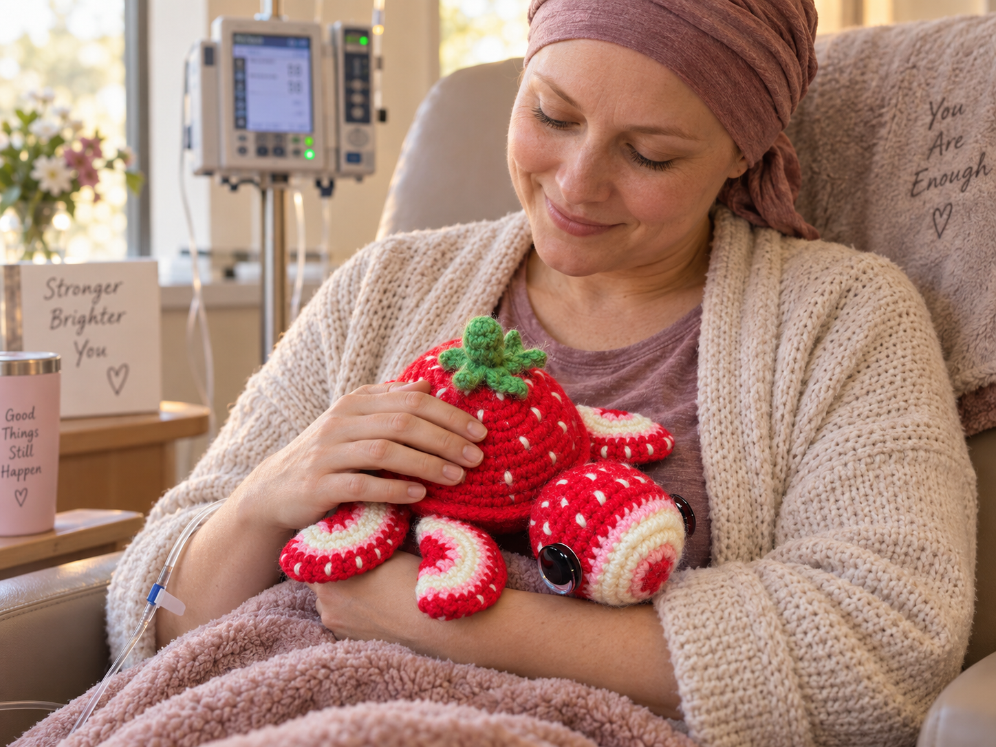A smiling woman in a headwrap receiving infusion therapy while tenderly cradling a red-and-white handmade strawberry turtle companion across her lap
