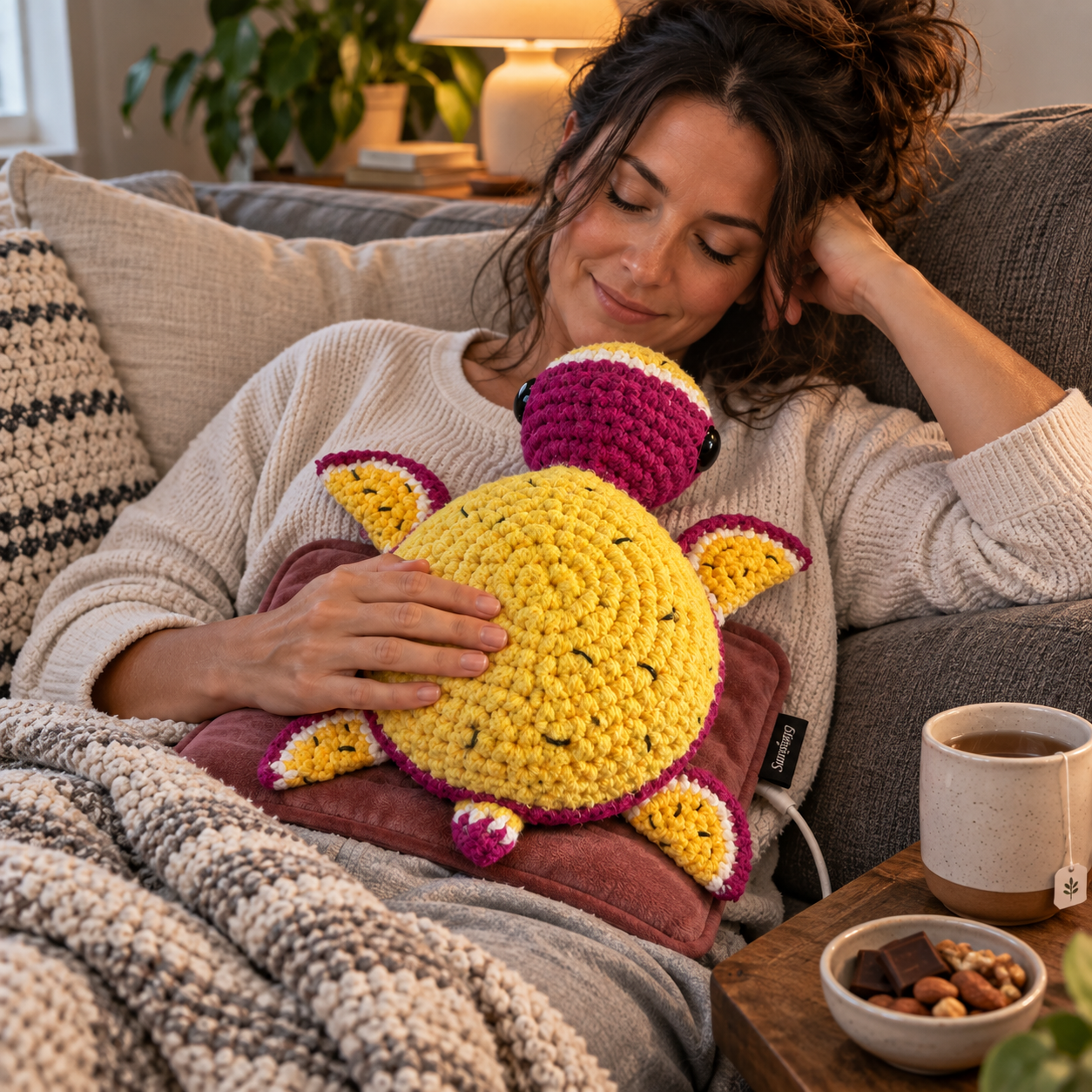 A woman relaxing on the couch with a weighted crochet turtle resting gently on her belly alongside a heating pad and tea for period comfort