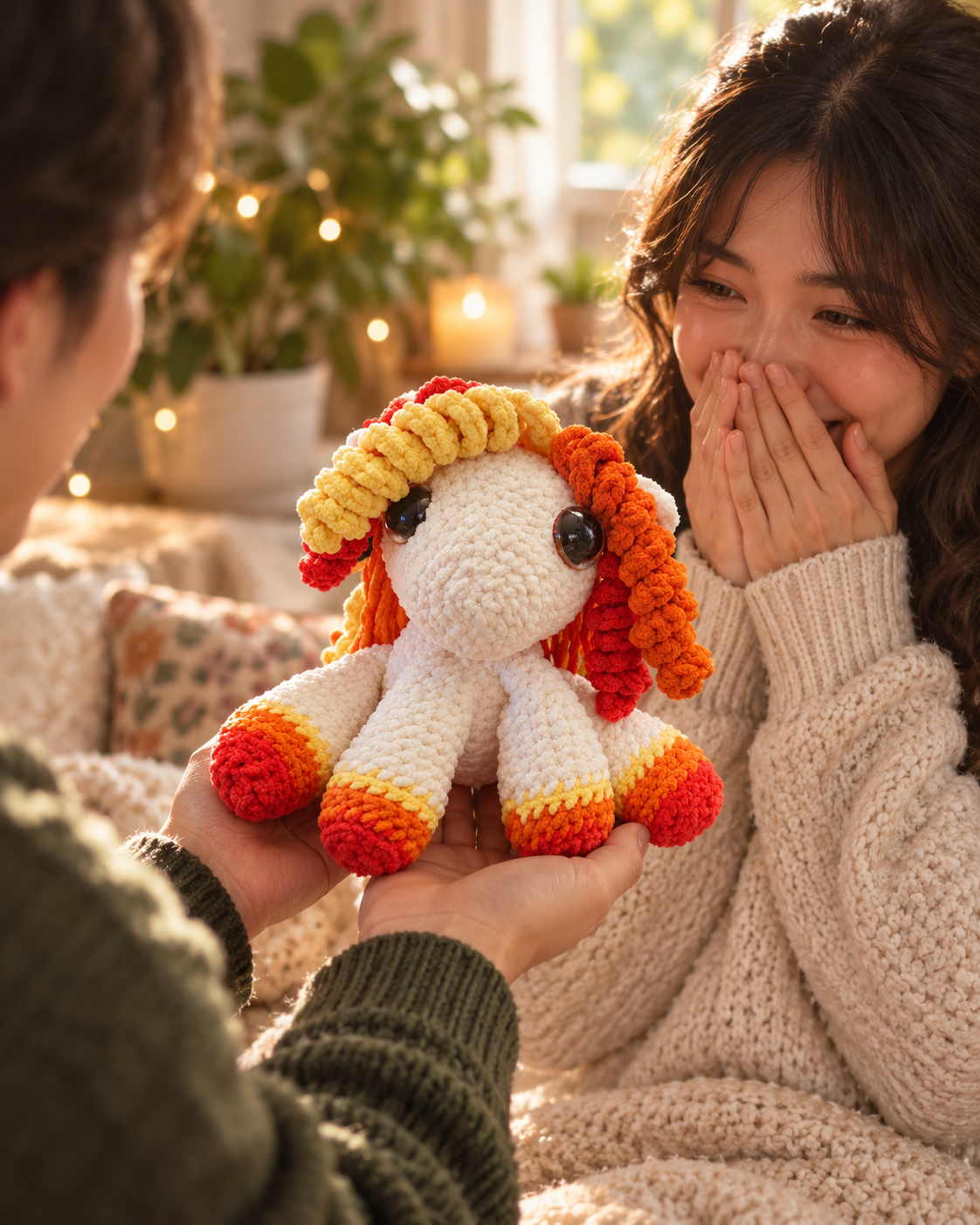 A touching surprise gift moment where a young woman gasps in pure delight and emotion as her loved one places a handmade fiery-maned companion into her hands