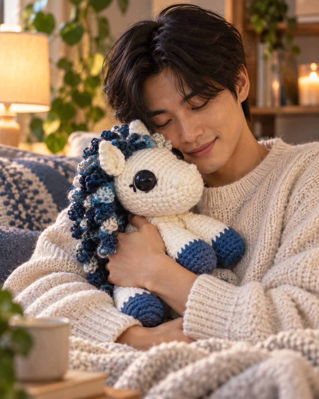 A young man smiling with his eyes closed in cozy knitwear, tenderly hugging the cream and blue crocheted horse companion close for comfort and courage