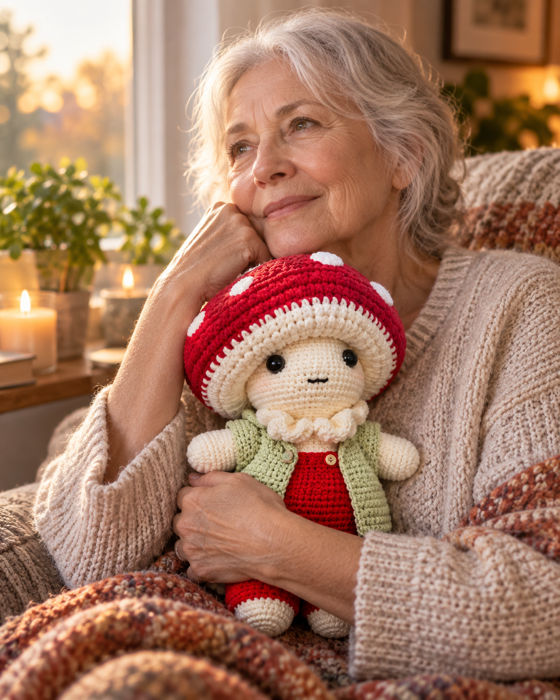 An elderly woman smiling peacefully in a cozy armchair by the window, tenderly holding and cuddling Milo Mossway close against her chest