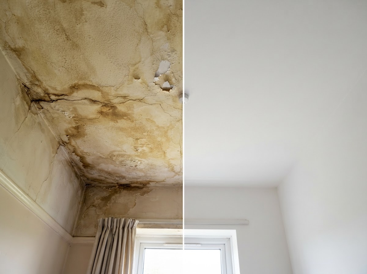 Before and after of a water-damaged ceiling repair