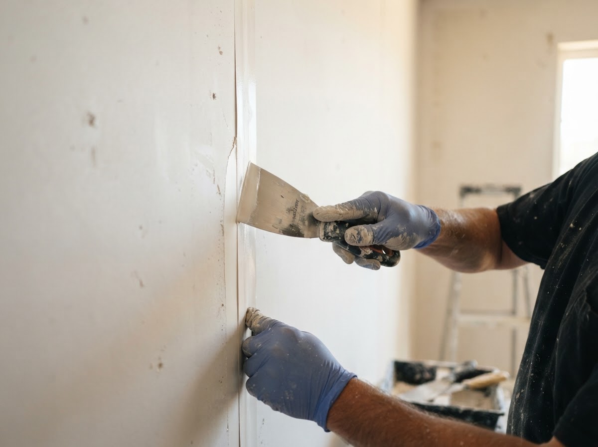 Drywall finisher mudding a seam with a taping knife