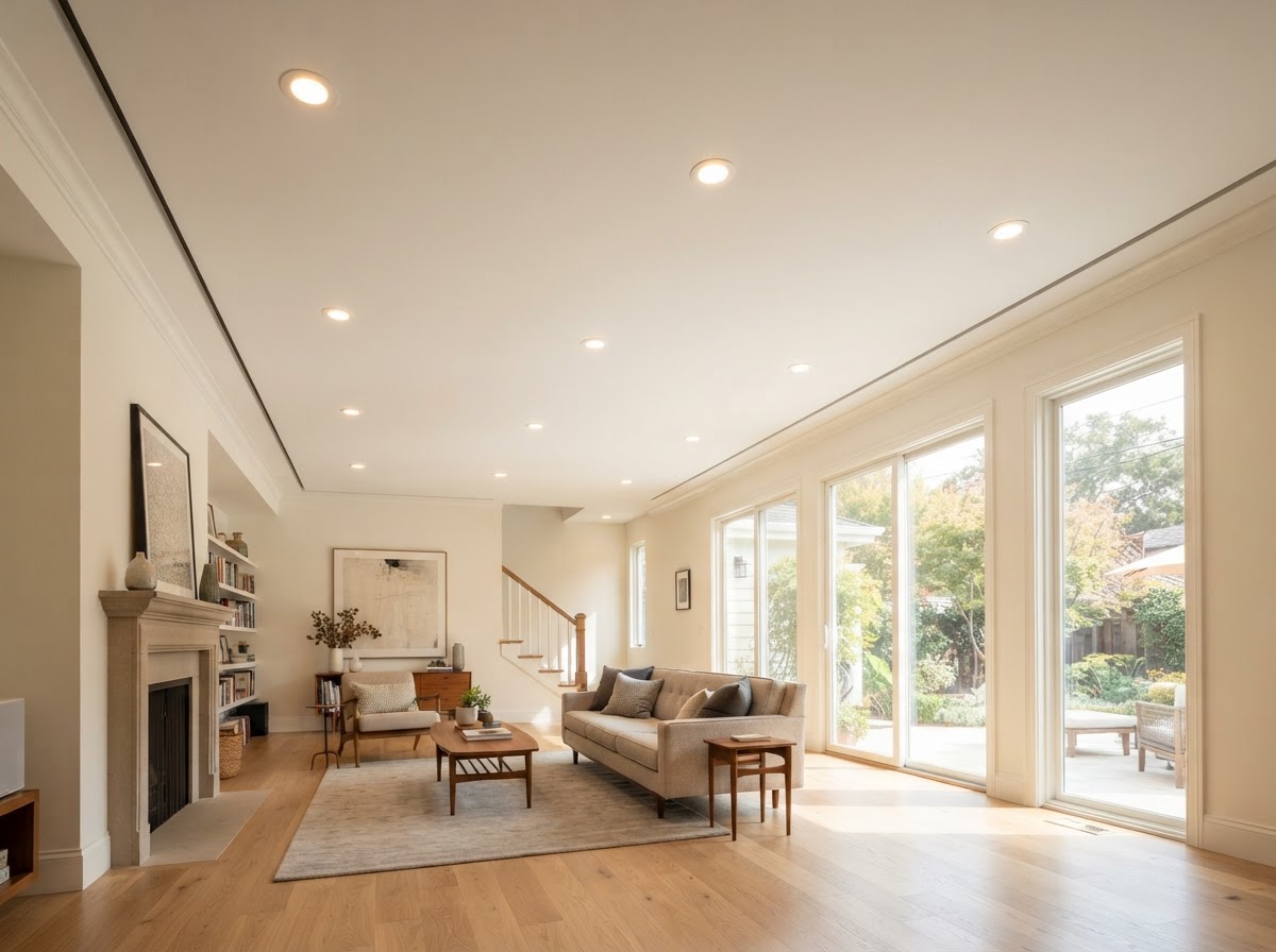 Smooth newly installed drywall ceiling with recessed lighting