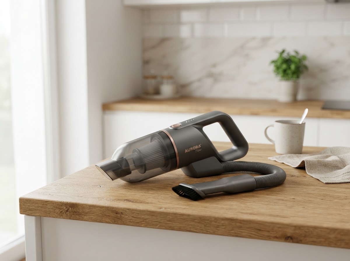 Sleek modern handheld vacuum cleaner on wooden kitchen counter