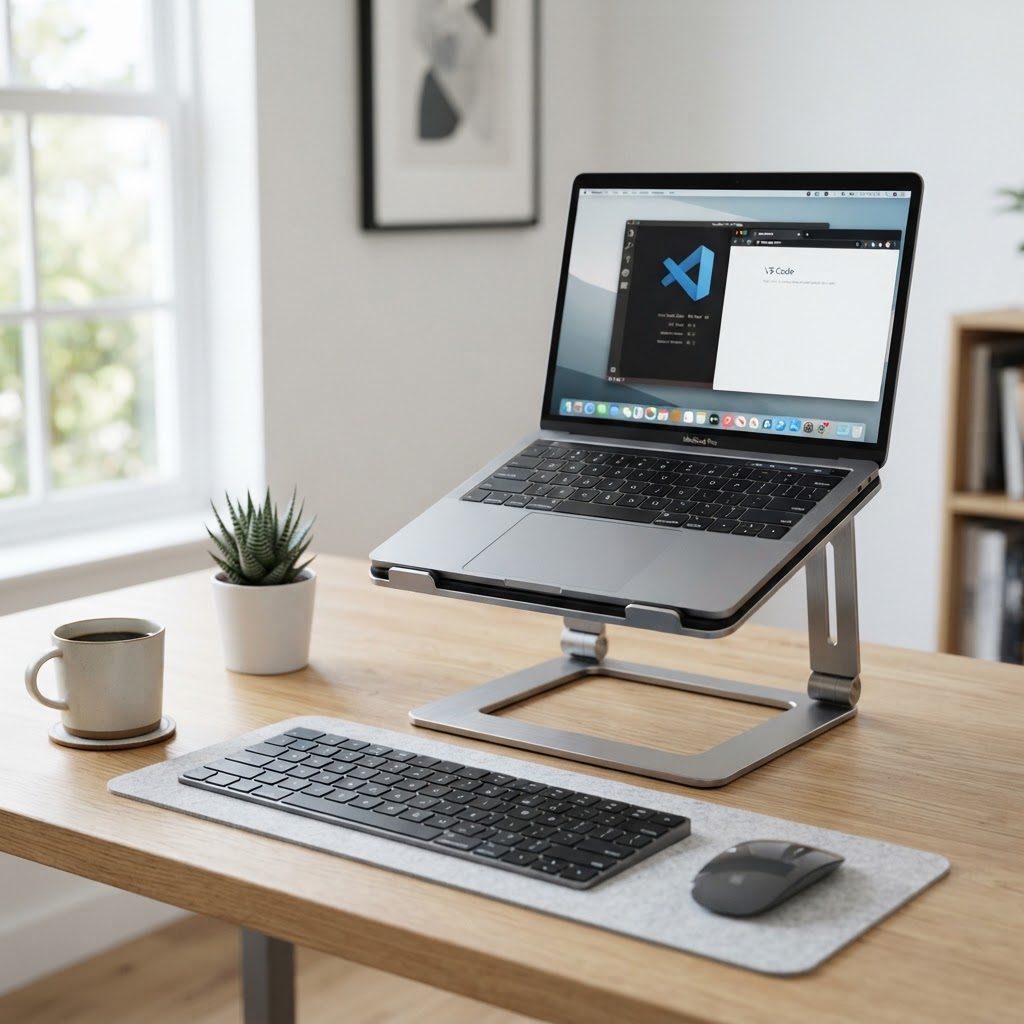 Brushed aluminum ergonomic laptop riser on wooden desk