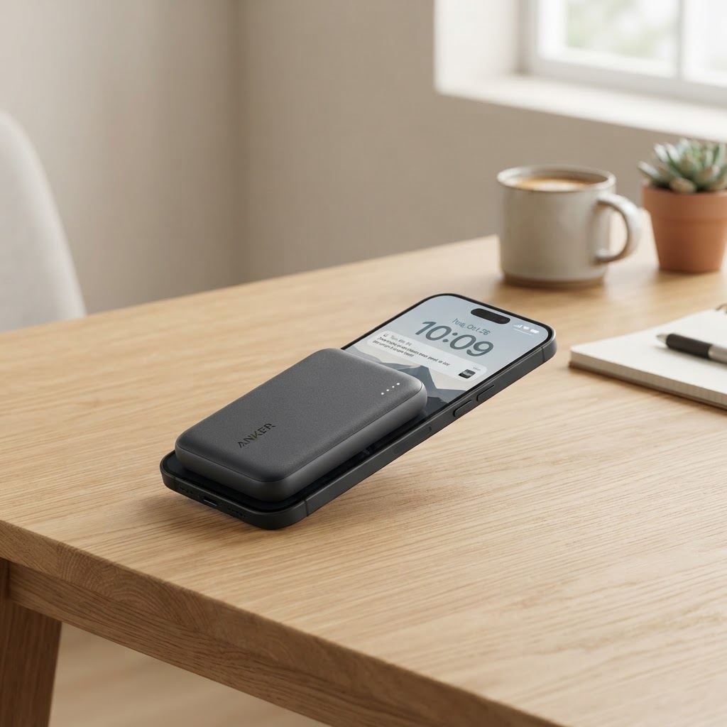 Slim magnetic battery pack snapped to smartphone