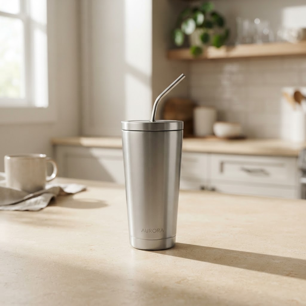 Stainless steel insulated tumbler with straw on warm kitchen counter