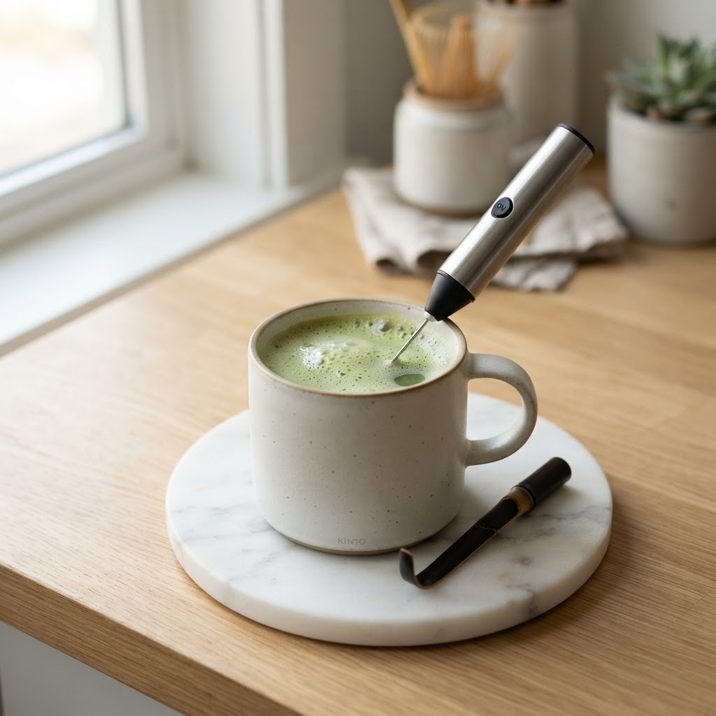 High speed electric milk frother resting beside latte mug