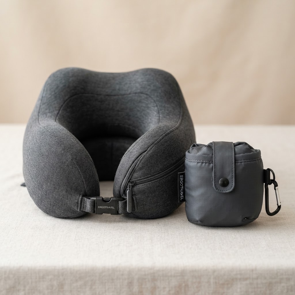 Ergonomic memory foam travel pillow with magnetic carry pouch