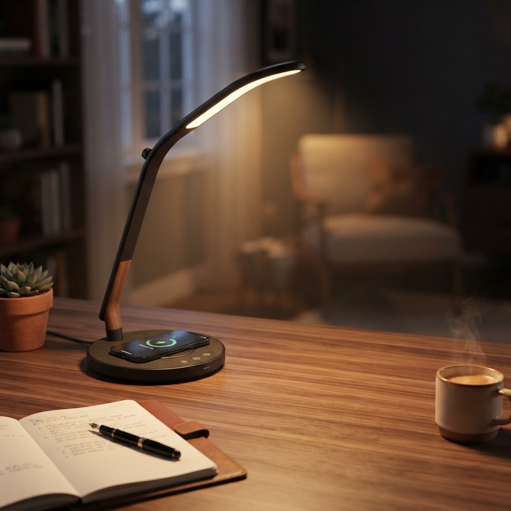 Minimalist modern desk lamp with warm glow and wireless charger